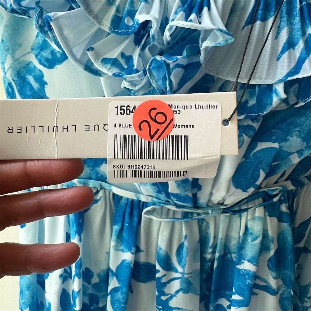 Monique Lhuillier nwt off shoulder Blue Floral Maxi Dress Size 4   1409 - Picture 3 of 6